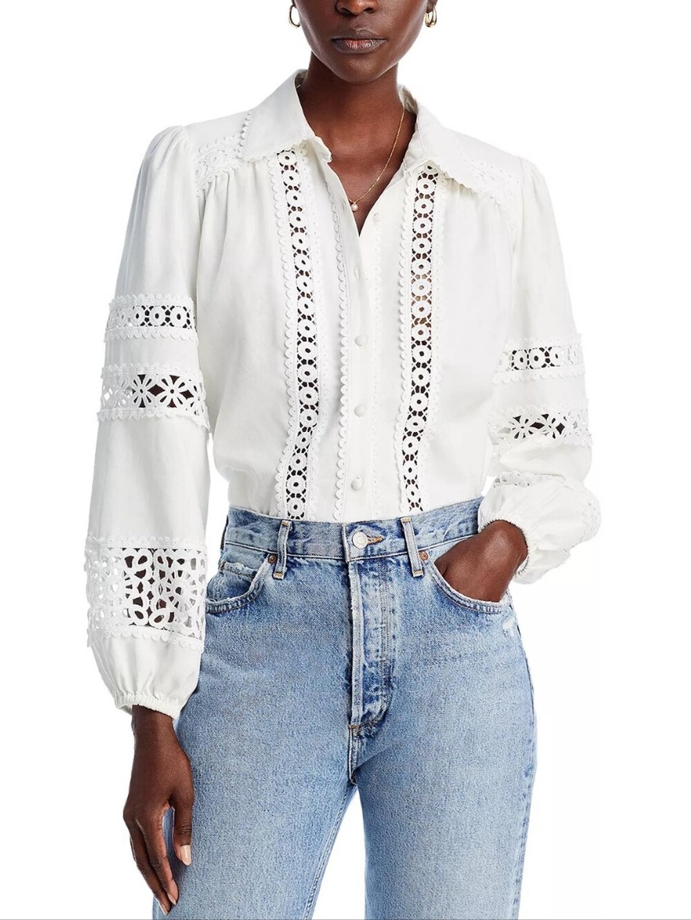 Aqua Lace Button-up Cropped Shirt in White - Size Small